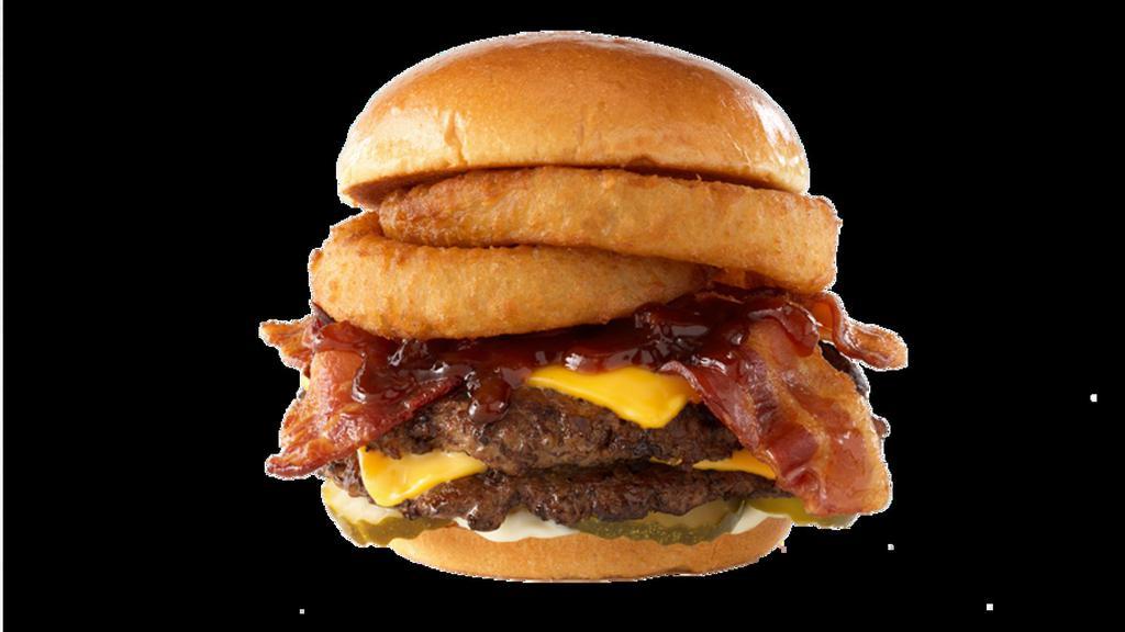 Bbq Bacon Burger · DOUBLE PATTY / HAND-SMASHED / AMERICAN CHEESE / BACON / HONEY BBQ / ONION RINGS / PICKLES / MAYO / CHALLAH BUN