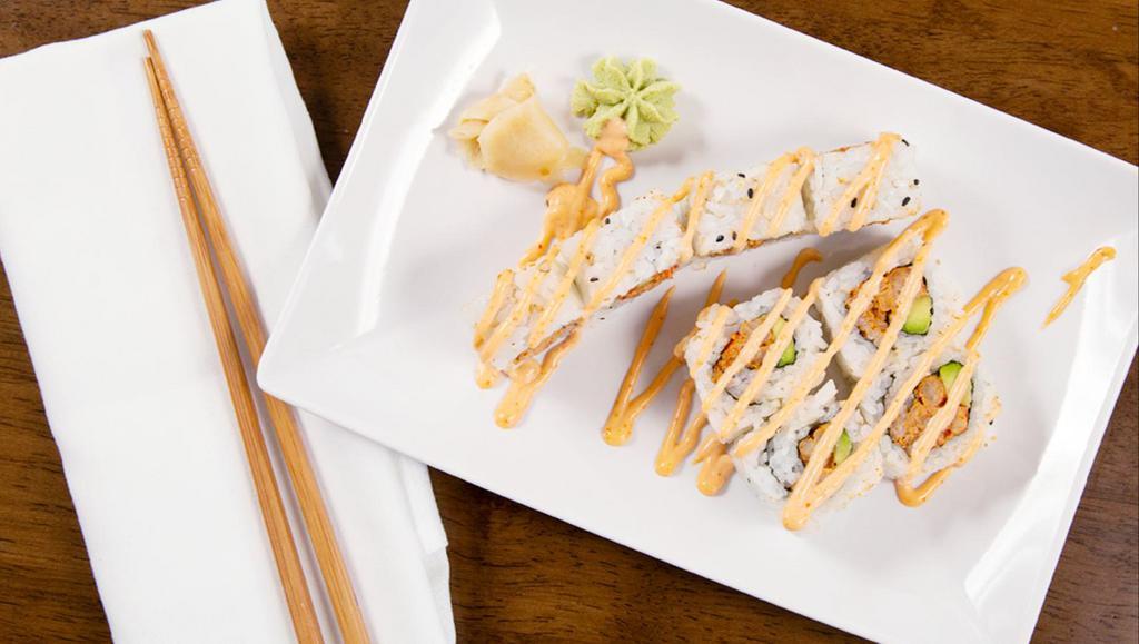 Spicy Crawfish Roll · Seasoned crawfish and avocado, topped with spicy mayonnaise sauce.
