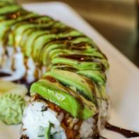 Caterpillar Roll · Unagi with avocado  and cucumber, topped with avocado and unagi sauce