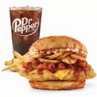 Big Bacon Cheddar Chicken Combo · A juicy, lightly breaded chicken breast covered in creamy cheddar cheese and bacon jam, topp...