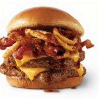 Bourbon Bacon Cheeseburger Double · A half-pound* of fresh, never-frozen beef topped with Applewood smoked bacon, American chees...