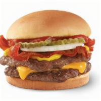Bacon Double Stack · Two fresh, never-frozen beef patties, Applewood smoked bacon, cheese, ketchup, mustard, pick...