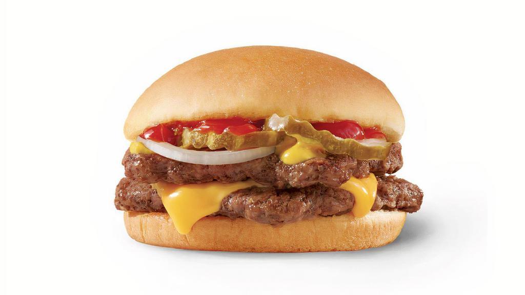 Double Stack™ · Two patties of fresh, never frozen beef with cheese, ketchup, mustard, pickle, and onion. It’s double the fresh beef, stacked with deliciousness.