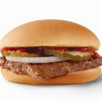 Hamburger · Fresh, never frozen beef topped with pickles, onion, ketchup, and mustard on a toasted bun. ...