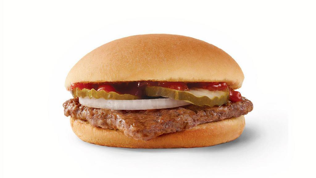 Hamburger · Fresh, never frozen beef topped with pickles, onion, ketchup, and mustard on a toasted bun. It’s done just right, and just the right size.