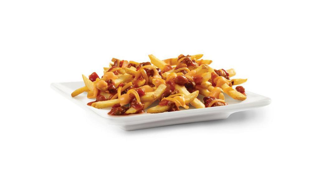 Chili Cheese Fries · Our natural-cut, skin-on, sea-salted fries topped with our hearty chili and rich, creamy cheese sauce. Easy to love. Hard to beat.
