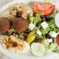 Vegetarian Platter · Combination of hummus, Baba Ganouj, Tabouleh, and Greek salad with 2 falafel patties.
