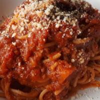 Spaghetti Bolognese · An authentic bolognese sauce, with sautéed carrots, celery, onion, and ground beef.