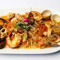 Linguini Frutti Di Mare · Combinations of clams, shrimp, mussels, calamari, lobster tail, cooked in white wine garlic ...