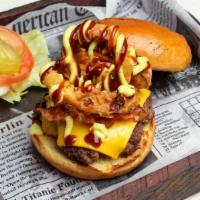 No Tears Burger · JSB beef patty, American cheese, bacon, crispy onion with signature curry, and bbq sauce and...