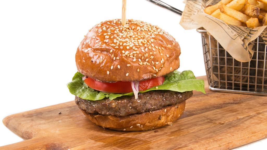 Classic Burger · 8 oz ground beef patty topped with lettuce, tomato, onion, ketchup, mayo, pickles in a sesame bun