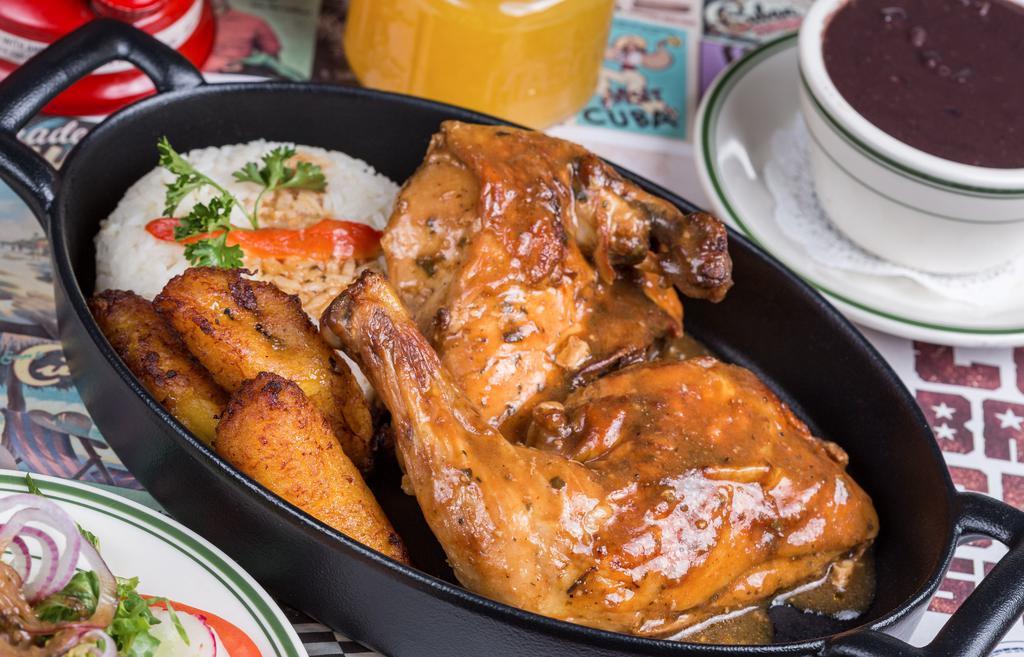 Pollo Havana 1957 · A Cuban family recipe of roasted chicken topped with Cuban gravy. Served with white rice, black beans, roasted potatoes and sweet plantains.