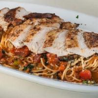 Tomato Basil Chicken · Grilled chicken breast, angel hair pasta, tomatoes, basil, olive oil, garlic, and parmesan c...