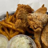 Fried Catfish Basket (4 Pcs) · Served with hush puppies, cole slaw and cajun, regular or sweet potato fries (no substitutio...