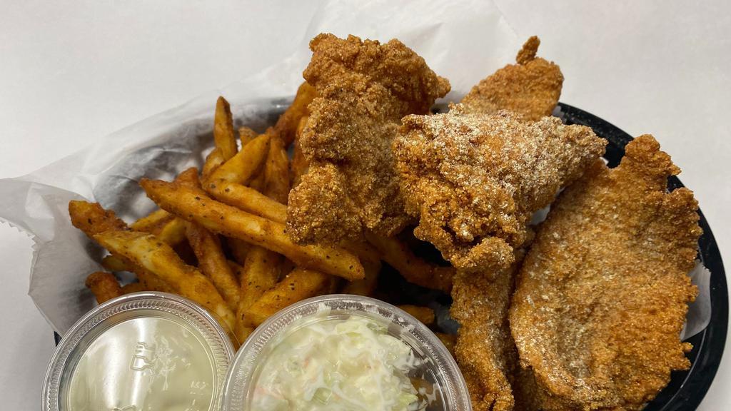 Fried Catfish Basket (4 Pcs) · Served with hush puppies, cole slaw and cajun, regular or sweet potato fries (no substitution), choice of sauce.