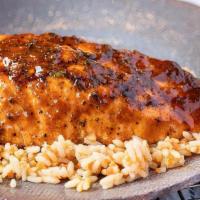 Grilled Bbq Salmon · Fresh Salmon grilled over mesquite wood, glazed in zesty bourbon BBQ sauce.