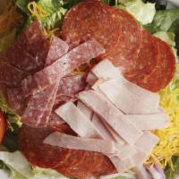Antipasto Salad · Lettuce, tomatoes, green peppers, onion, black olives, pepperoni, ham, salami, and Mozzarell...