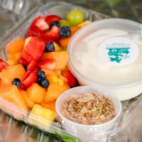 Fresh Fruit, Yogurt & Granola · Includes lettuce tomato onion and cucumber potato salad coleslaw and bagel or bagel chips.