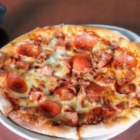 Meat Trio Pizza · andouille sausage, pepperoni, bacon, tomato sauce, mozzarella cheese