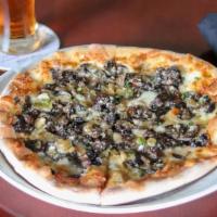 Garcia Pizza · roasted mushrooms, garlic oil, caramelized onions, mozzarella and pecorino romano