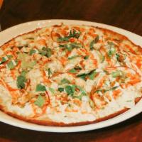 Cauliflower Squared Pizza · garlic roasted cauliflower, blue cheese sauce, buffalo wing sauce, mozzarella, red onion, sc...