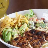 Southwestern Grilled Chicken Salad · romaine, pico de gallo, avocado, corn, black beans, serrano peppers, grilled red and yellow ...
