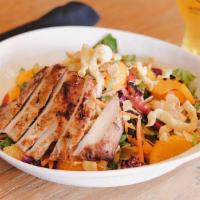 Sesame Chicken Salad · romaine, red cabbage, grilled peppers, mandarin oranges, carrots, almonds, scallion, crispy ...