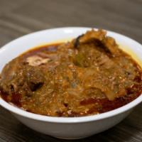 Okra Soup · Choice of side: eba, garri, pounded yam, oat fufu, plantain fufu yellow, Plantain Fufu Black...