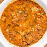 Ogbono Soup · Choice of side: garri, pounded yam, oat fufu,  Plantain Fufu Black.