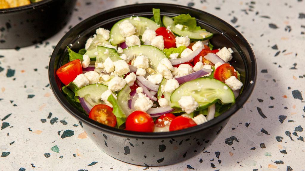 Greek Salad · Romaine Lettuce, Cucumber, Red Onions, Black Olive, Grapes Tomatoes, Feta Cheese, Greek Dressing