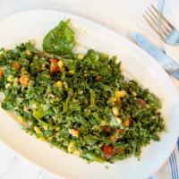 Ella'S House Chop Salad · Watercress, kale, avocado, quinoa, carrot, corn, grape tomato, and serrano pipian dressing.