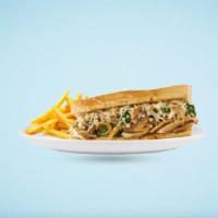 Philly Chicken Sandwich · Grilled onion, bell peppers mushroom, mayonnaise, and Swiss cheese on a hoagie roll. Comes w...