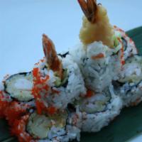 Shrimp Tempura Roll · Tempura shrimp, cucumbers, & mayo inside, with fish eggs outside