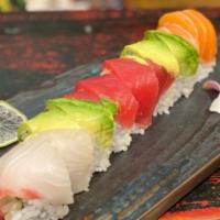 Rainbow Roll · Whitefish, tuna, salmon on top of the California roll