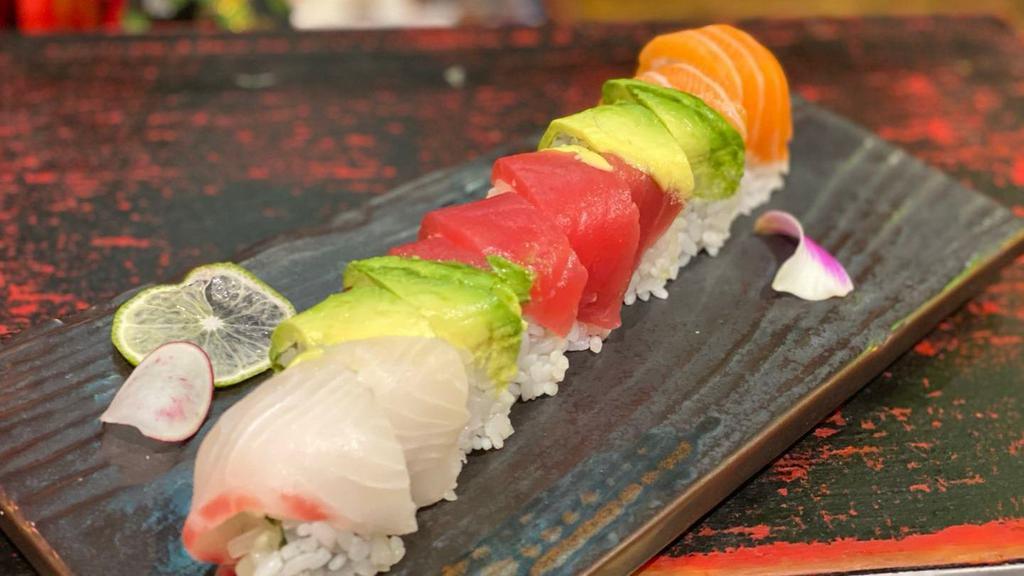Rainbow Roll · Whitefish, tuna, salmon on top of the California roll