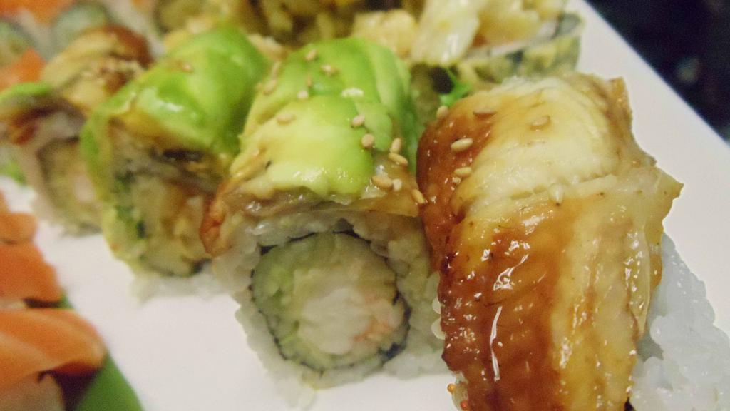 Black Dragon Roll · Shrimp tempura inside w. eel and avocado on top