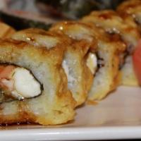 Miyazaki Roll · Smoked salmon, krab, and cream cheese, deep fried w. eel sauce on top
