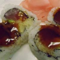 Crunch Roll · Tuna, avocado, cucumber & tempura crunch inside w. teriyaki sauce & sesame seeds on top