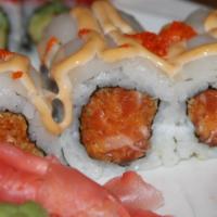 Crystal Roll · Spicy salmon and crunch inside w. escolar, spicy mayo, and fish eggs on top