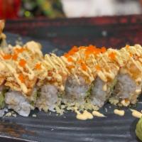 Monster Roll · shrimp tempura ,cream cheese, and avocado inside, w. tempura krabmeat, crunch, spicy mayo, e...