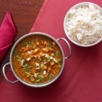 Channa Masala · Chickpeas cooked with tomatoes and onions and spices.