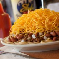 5-Way · Spaghetti, chili, diced onions, red beans and shredded cheddar cheese.