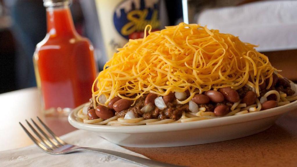 5-Way · Spaghetti, chili, diced onions, red beans and shredded cheddar cheese.