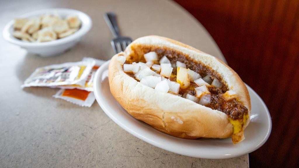 Regular Chili Sandwich (Without Cheese) · A steamed bun with our original, secret-recipe chili, diced onions and mustard.