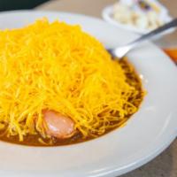 Coney Bowl · Three of our specially made hot dogs in a bowl of our secret-recipe chili topped with shredd...