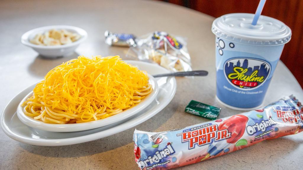 Kids' P'Sghetti Special · A small dish of our spaghetti topped with shredded cheddar cheese, small beverage and a special dessert.