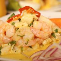 Ceviches De Pescado & Camaron · Spicy. Swai fish and shrimp, marinated in a lime and  lemon juice. 

Consuming raw or underc...