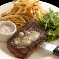 Flat Iron Steak Frites · 8 ounce flat iron steak prepared to your specification, calabrian chili butter, organic baby...