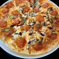 Pepperoni & Mushroom Pizza · roasted mushroom mix, sweet tomato sauce, aged provolone and mozzarella cheese, fresh oregan...