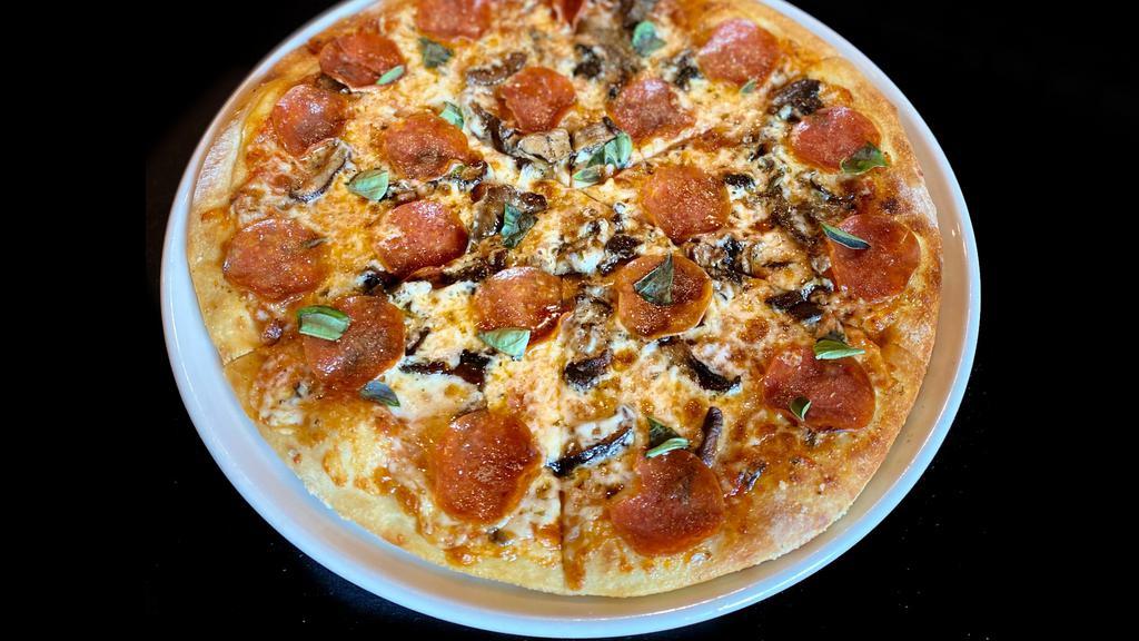 Pepperoni & Mushroom Pizza · roasted mushroom mix, sweet tomato sauce, aged provolone and mozzarella cheese, fresh oregano, basil